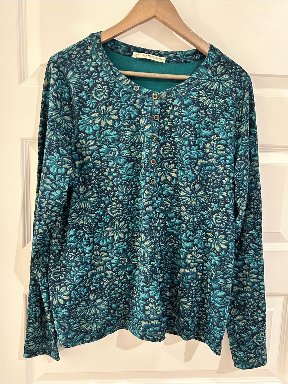 Peruvian Connection Floral Henley Top Blue Green Size XL